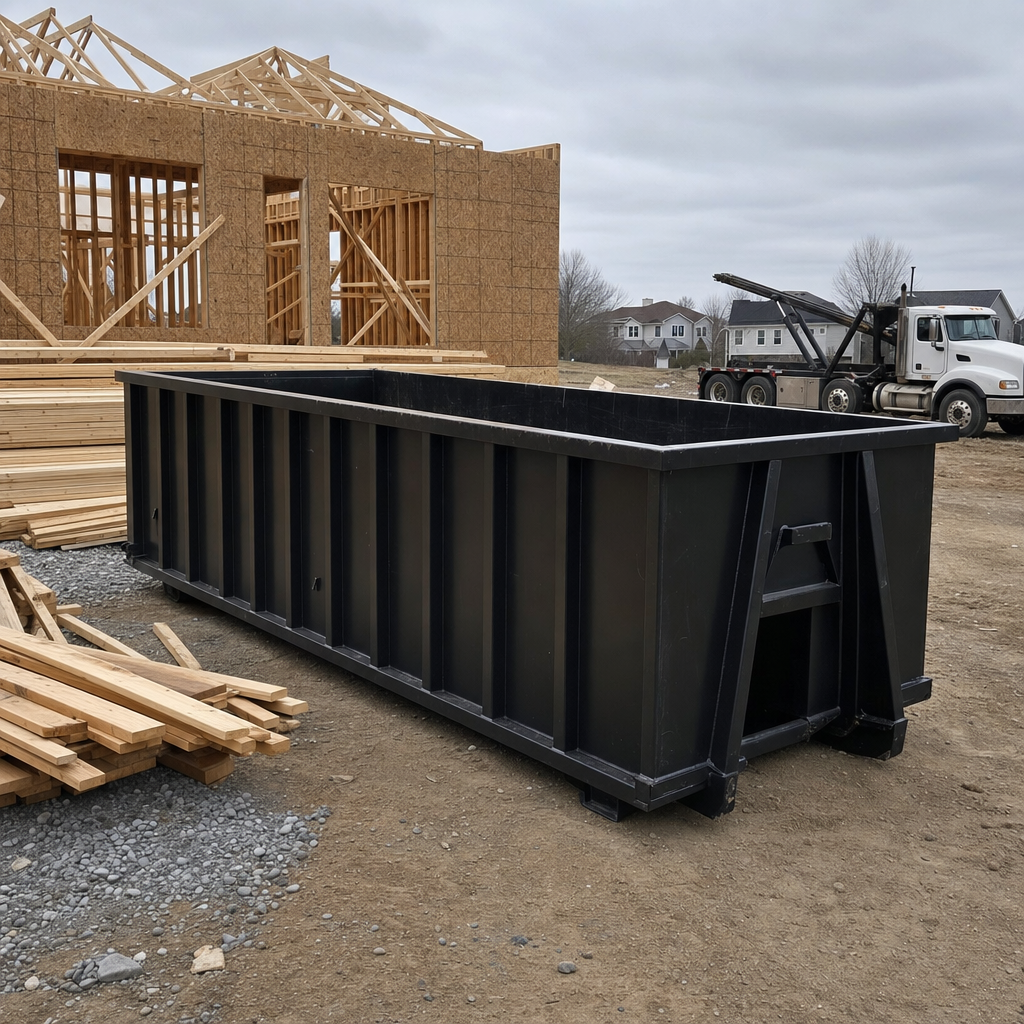 Matte-black 40-yard roll-off dumpster staged on a framed-out residential construction site in Sheboygan, framing lumber stacked nearby, hooklift delivery truck visible in the background under bright Colorado daylight