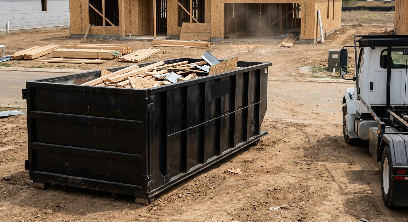 Matte-black 20-yard roll-off construction dumpster with heavy ribbed steel sidewalls and swing rear doors at a working jobsite in Sheboygan, sitting directly on compacted dirt with an unmarked white hauler partially visible at the far edge of the frame.