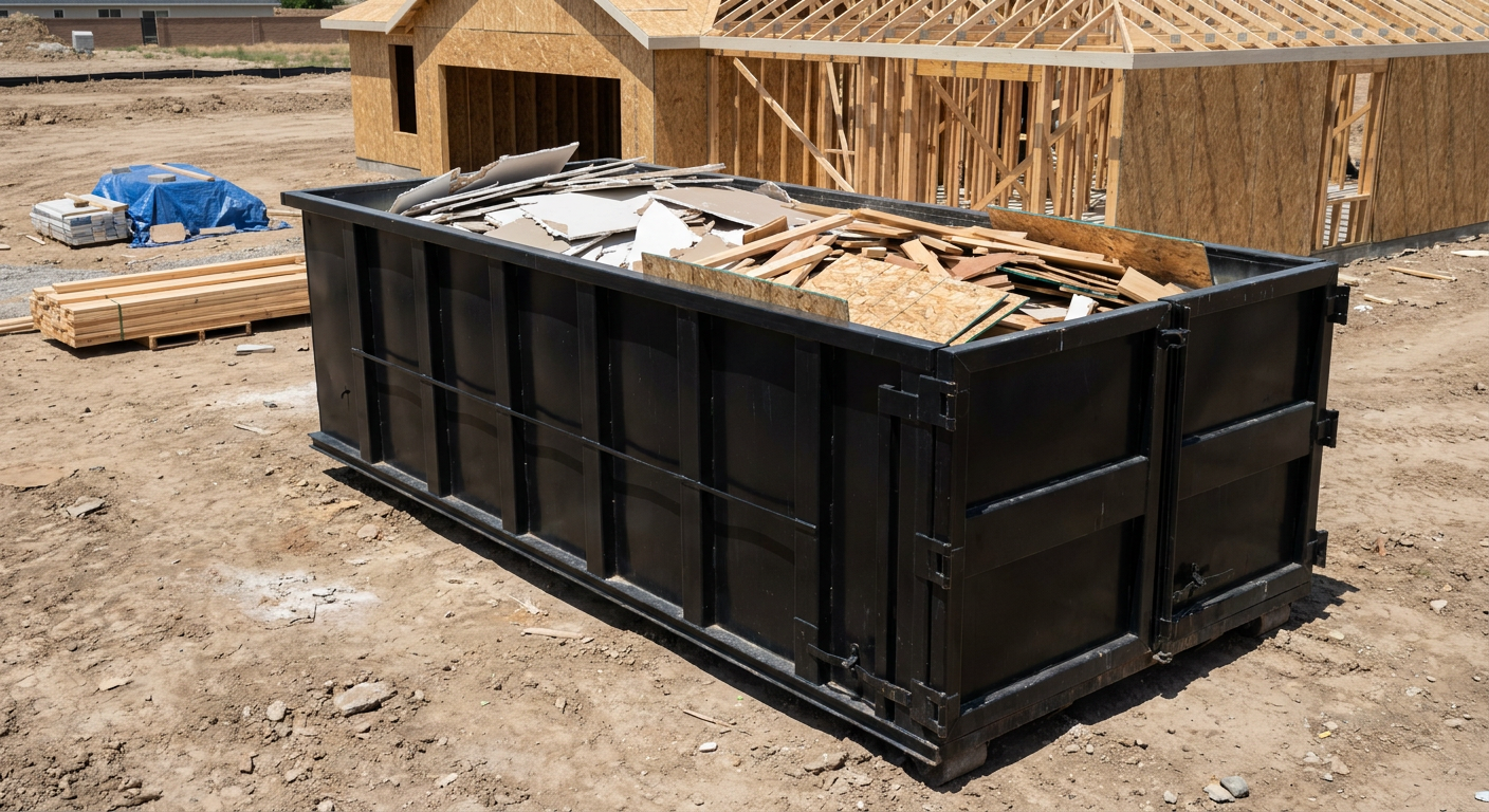 Matte-black 30-yard roll-off construction dumpster sitting directly on the compacted-dirt site of a framed single-family home build in Sheboygan, drywall and lumber scrap loaded inside.
