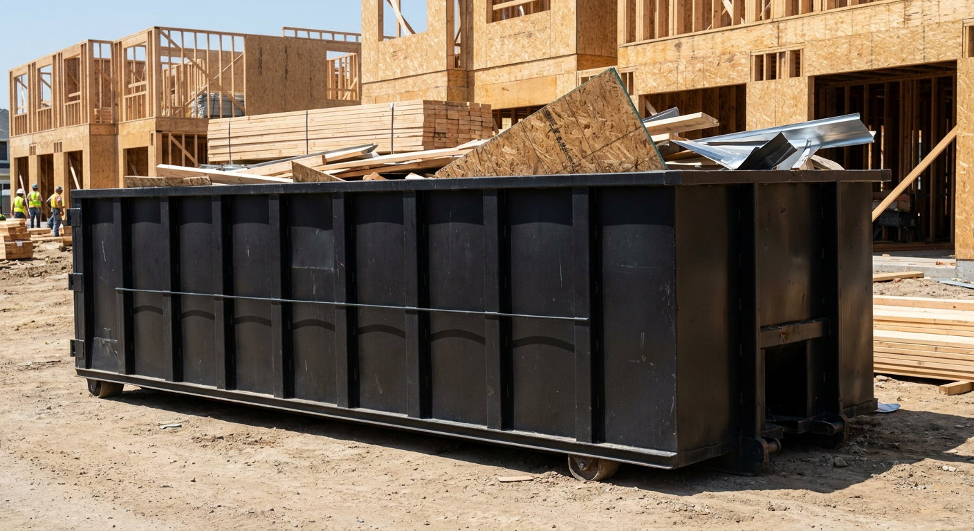 Matte-black 40-yard roll-off construction dumpster being lowered from a white-cab hooklift delivery truck onto the compacted-dirt jobsite at a commercial build site in Sheboygan