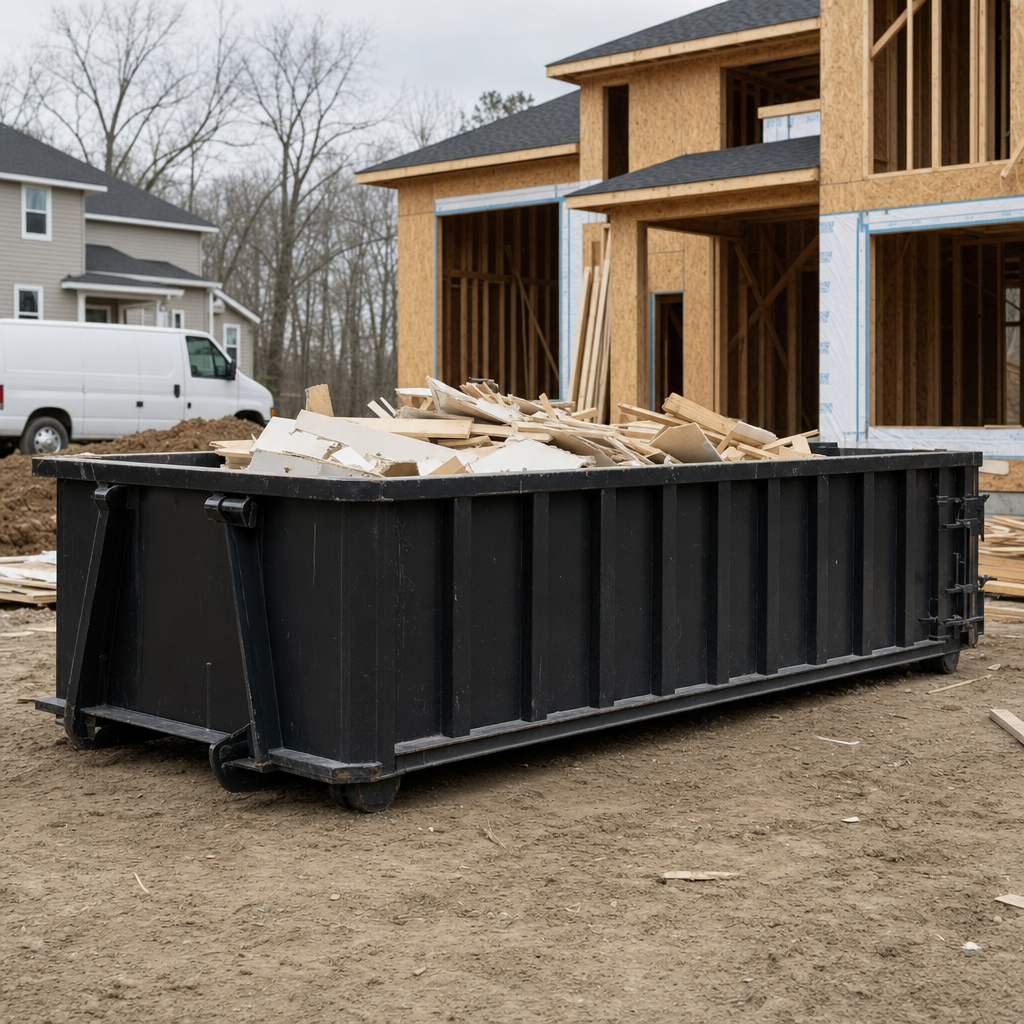 Worker in a yellow high-visibility vest tossing framing lumber and broken drywall into a matte-black 30-yard construction roll-off dumpster on an active build site in Sheboygan, bright daylight
