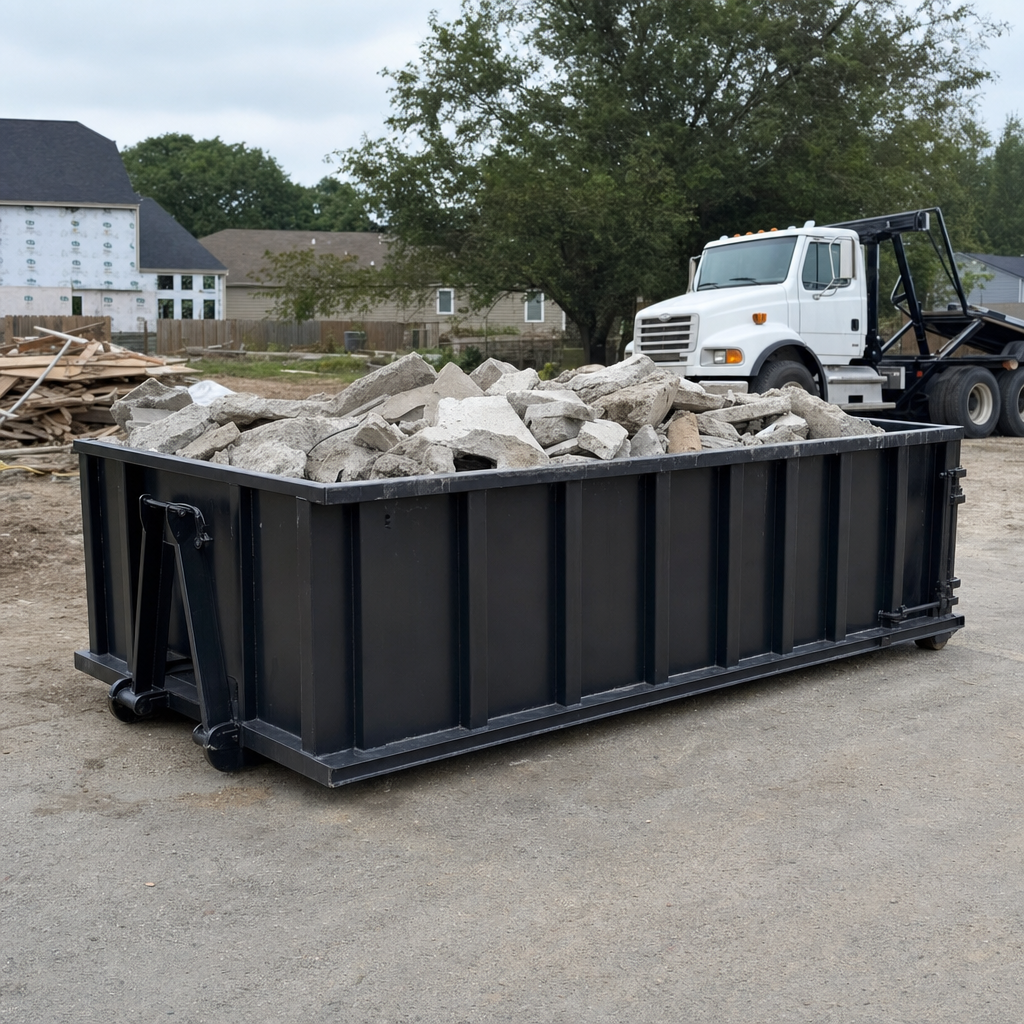 Low-profile matte-black lowboy roll-off dumpster loaded with broken concrete slab and rebar at a foundation tear-out in Sheboygan, skid steer parked beside it, sunny Colorado morning