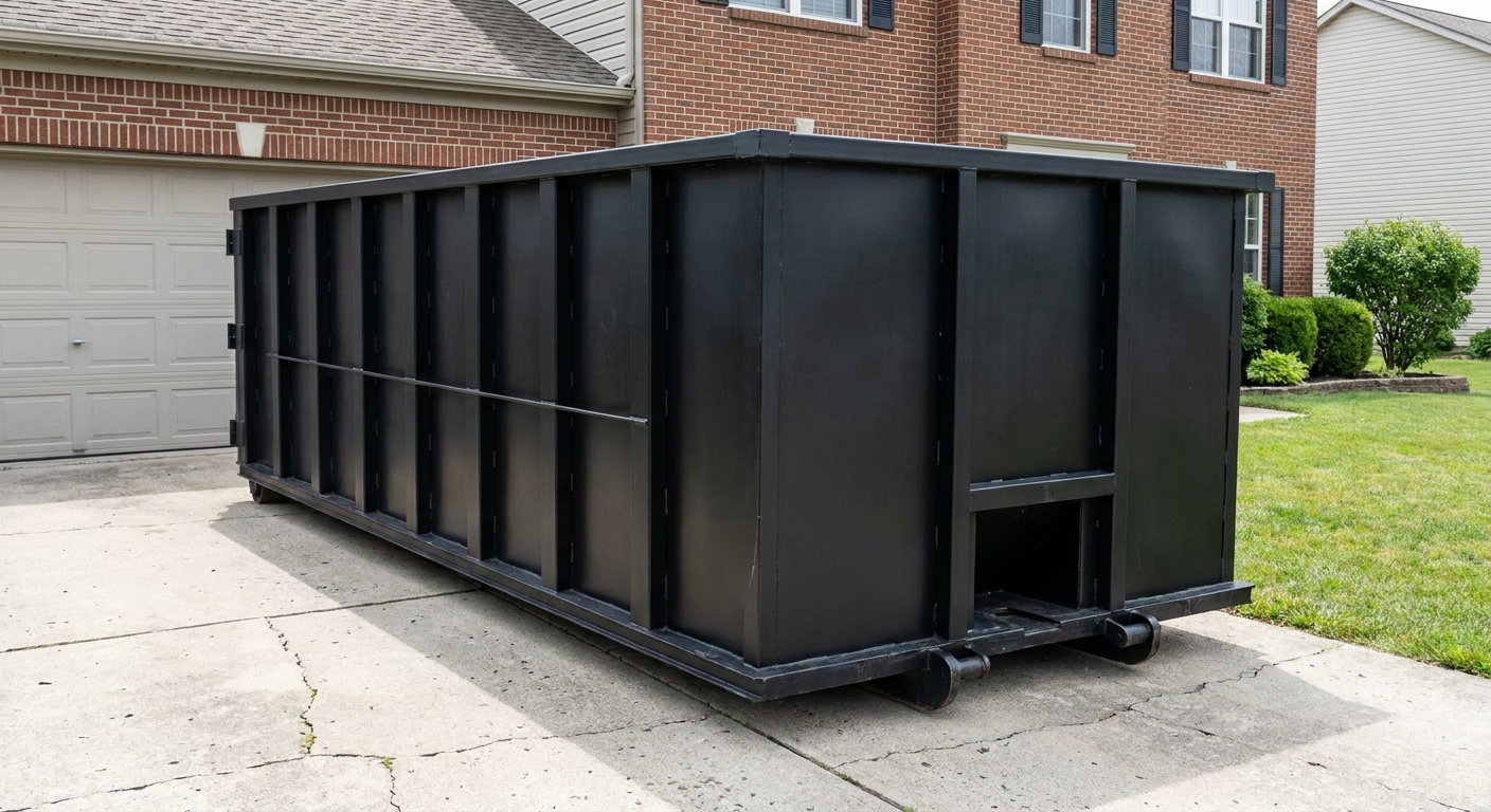 Matte-black 20-yard roll-off container on a Sheboygan residential concrete driveway with reinforced ribbed steel sidewalls and a hinged rear walk-in door, clean bright daylight.