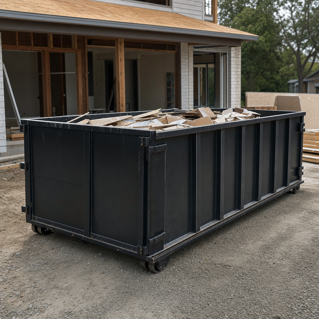 Large matte-black 30-yard construction roll-off dumpster at an active Sheboygan jobsite, steel-gray top rails and bottom rollers visible, loaded with construction debris.