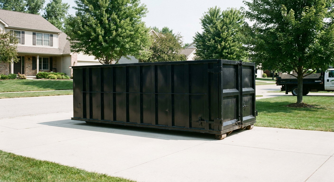 Matte-black 20-yard roll-off dumpster sitting level on a clean Sheboygan residential concrete driveway under bright daylight, demonstrating clean placement directly on the concrete.