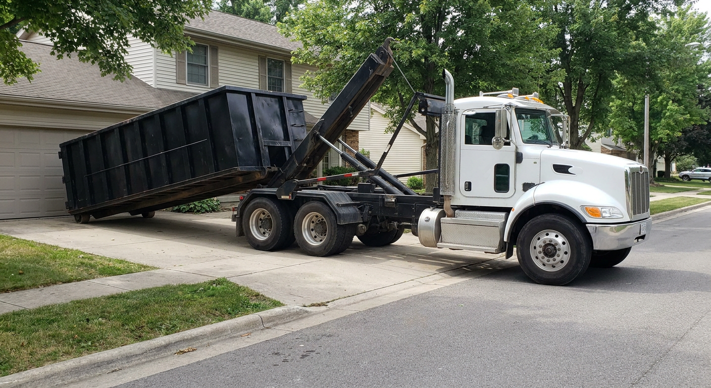 White-cab hooklift roll-off truck actively lowering a matte-black dumpster onto a Sheboygan residential concrete driveway, the dumpster's rear wheels touching the driveway as the hoist arm tilts the bed forward, mid-morning daylight.