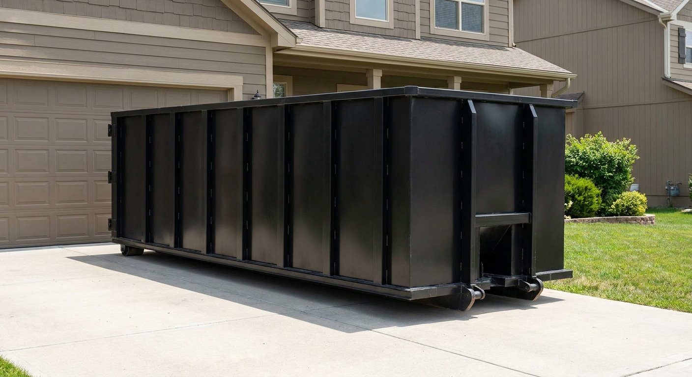 Matte-black residential roll-off dumpster sitting directly on a suburban Sheboygan concrete driveway, garage door closed, single-family home in background, bright morning daylight.
