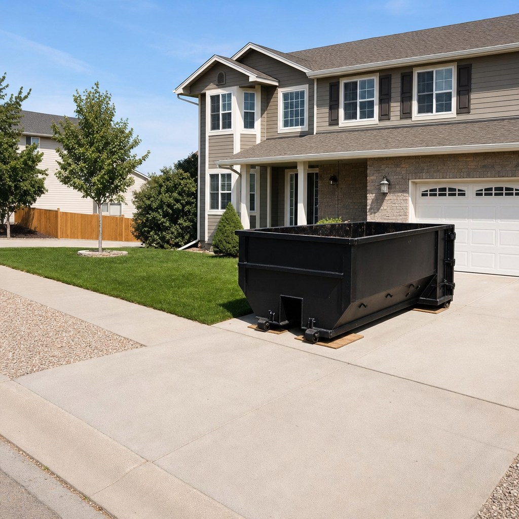 10-yard matte-black residential dumpster placed directly on a narrow Sheboygan concrete driveway, room remains for a parked sedan beside it, mid-morning natural light