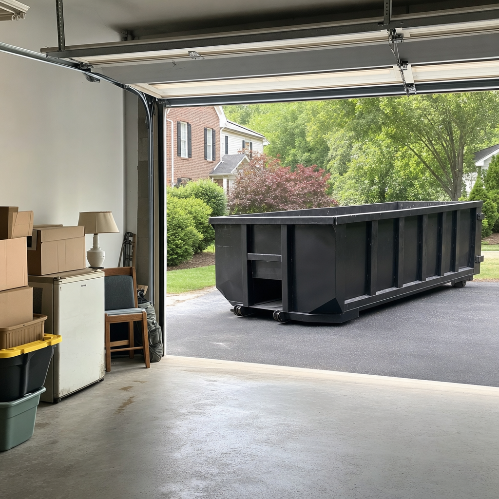 Open garage interior in a Sheboygan home mid-cleanout — boxed items, an old appliance, and stacked yard tools queued near the driveway for a matte-black roll-off dumpster, organized and calm