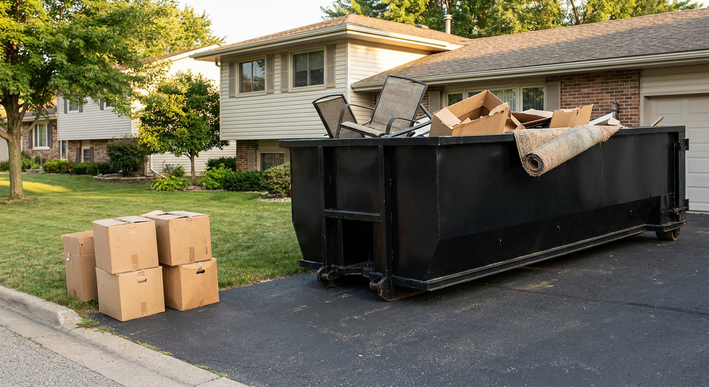 Front-yard view of a Sheboygan split-level home with a 20-yard matte-black roll-off dumpster sitting directly on the asphalt driveway, a few clearly labeled donation boxes staged at the curb, calm sunny afternoon.