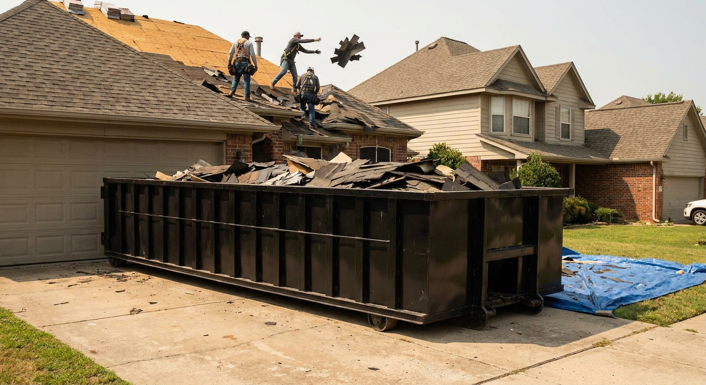 Matte-black roofing roll-off dumpster placed directly on a Sheboygan residential concrete driveway, a tear-off crew on a two-story asphalt-shingle roof tossing shingle bundles into the low-walled container, bright daylight, documentary 35mm perspective.