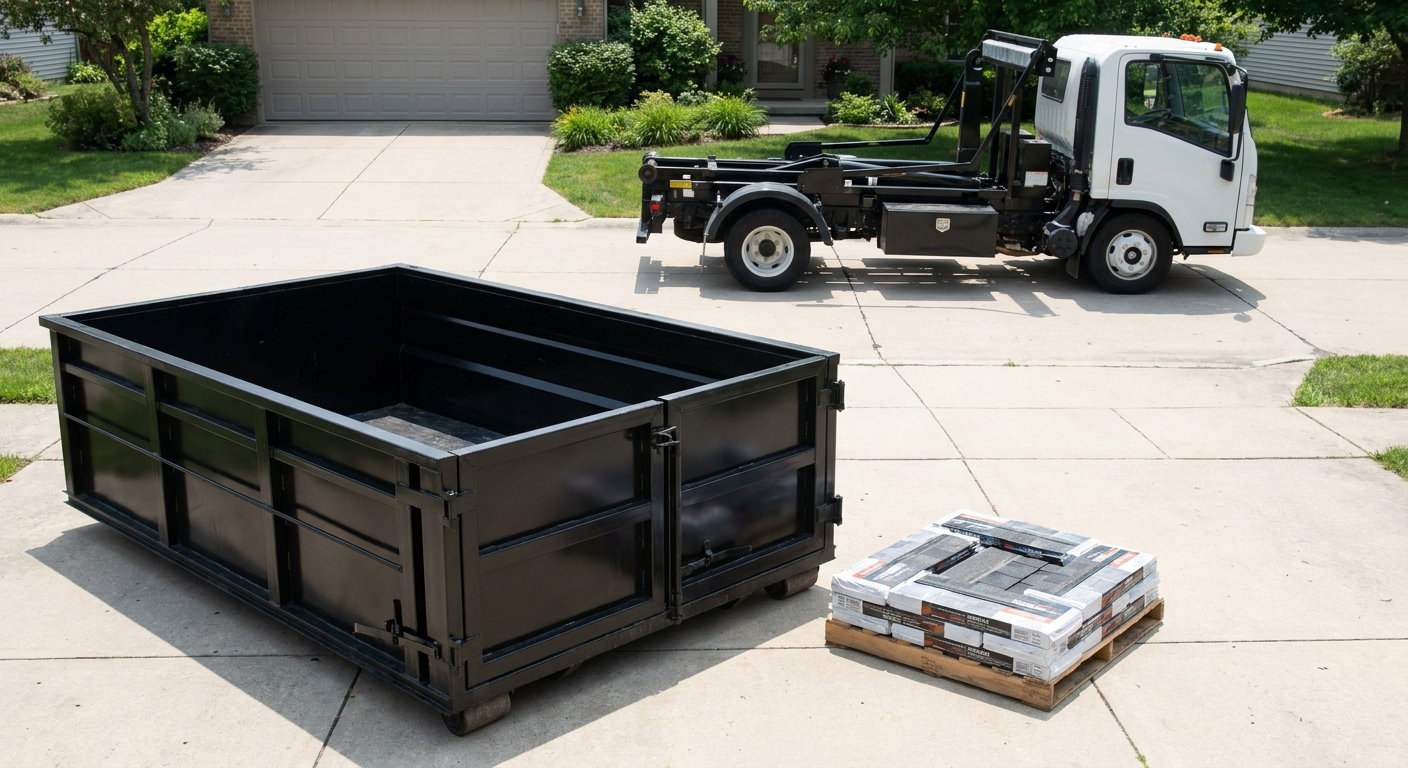 Matte-black 15-yard roofing roll-off dumpster with reinforced low side walls sitting directly on a Sheboygan residential concrete driveway, three-tab asphalt shingle bundles stacked nearby, an unmarked white hauler truck partially visible at the edge of the frame.