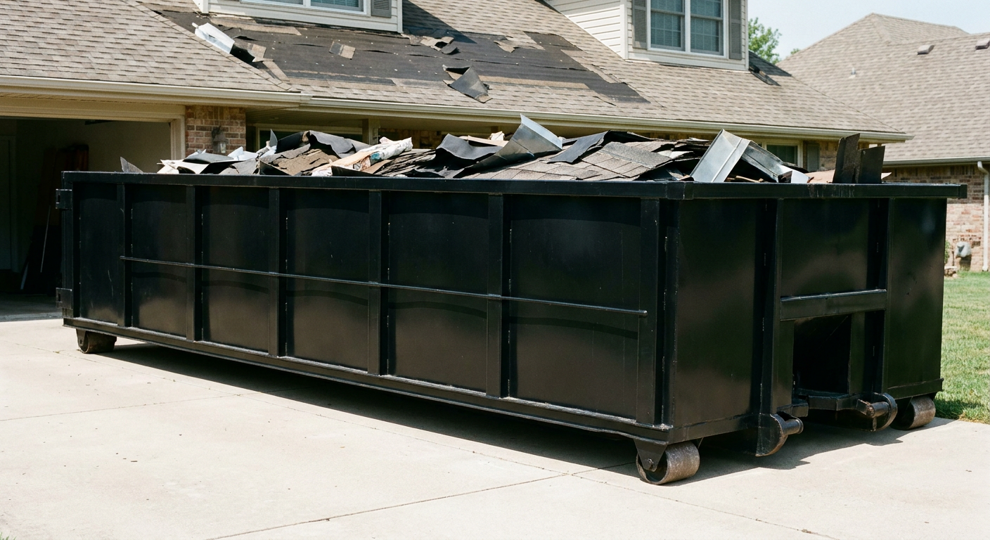 Matte-black 20-yard roofing roll-off dumpster with steel ribbed sides and swinging rear door, sitting directly on the concrete driveway of a two-story Sheboygan home, asphalt shingle debris being loaded over the low wall, clean documentary lighting.