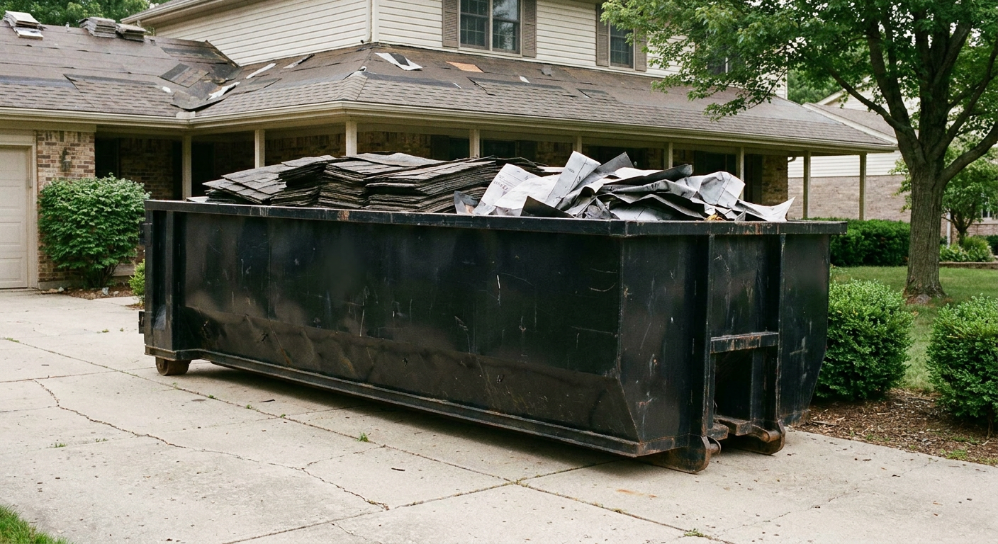 Matte-black 30-yard roofing roll-off dumpster sitting directly on a Sheboygan concrete driveway, taller ribbed steel side panels, mixed tear-off debris of asphalt shingles and underlayment inside, professional documentary daylight.