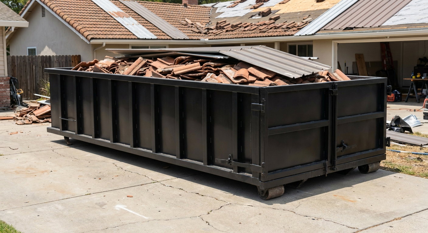 Matte-black low-wall heavy-debris roofing roll-off dumpster sitting directly on a Sheboygan concrete driveway, broken concrete clay roof tiles and metal panel sections loaded inside, reinforced ribbed steel side walls visible, bright outdoor daylight.