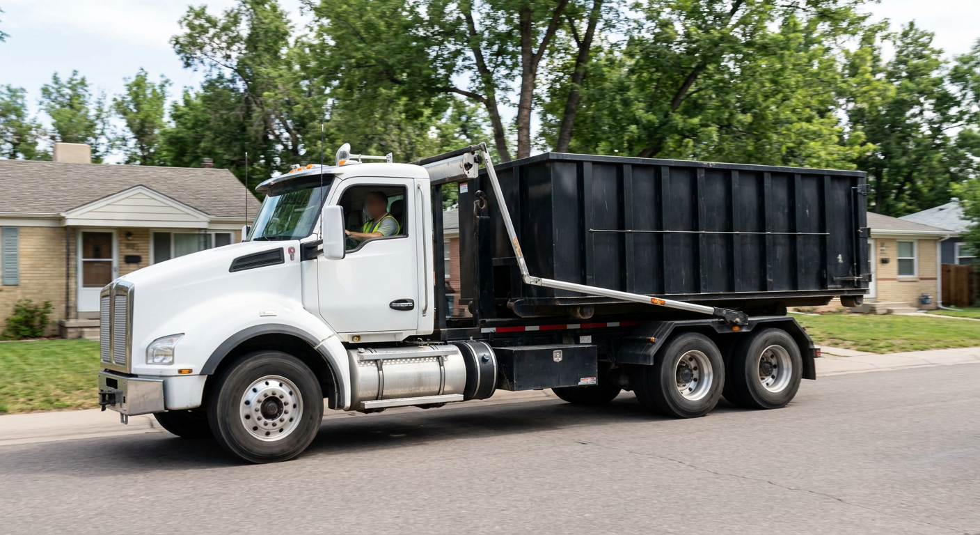 A wide documentary shot of a matte-black roll-off delivery truck pulling onto a quiet Sheboygan residential street at mid-morning, with neighborhood rooftops and tree-lined blocks visible behind, showing the metro coverage footprint.