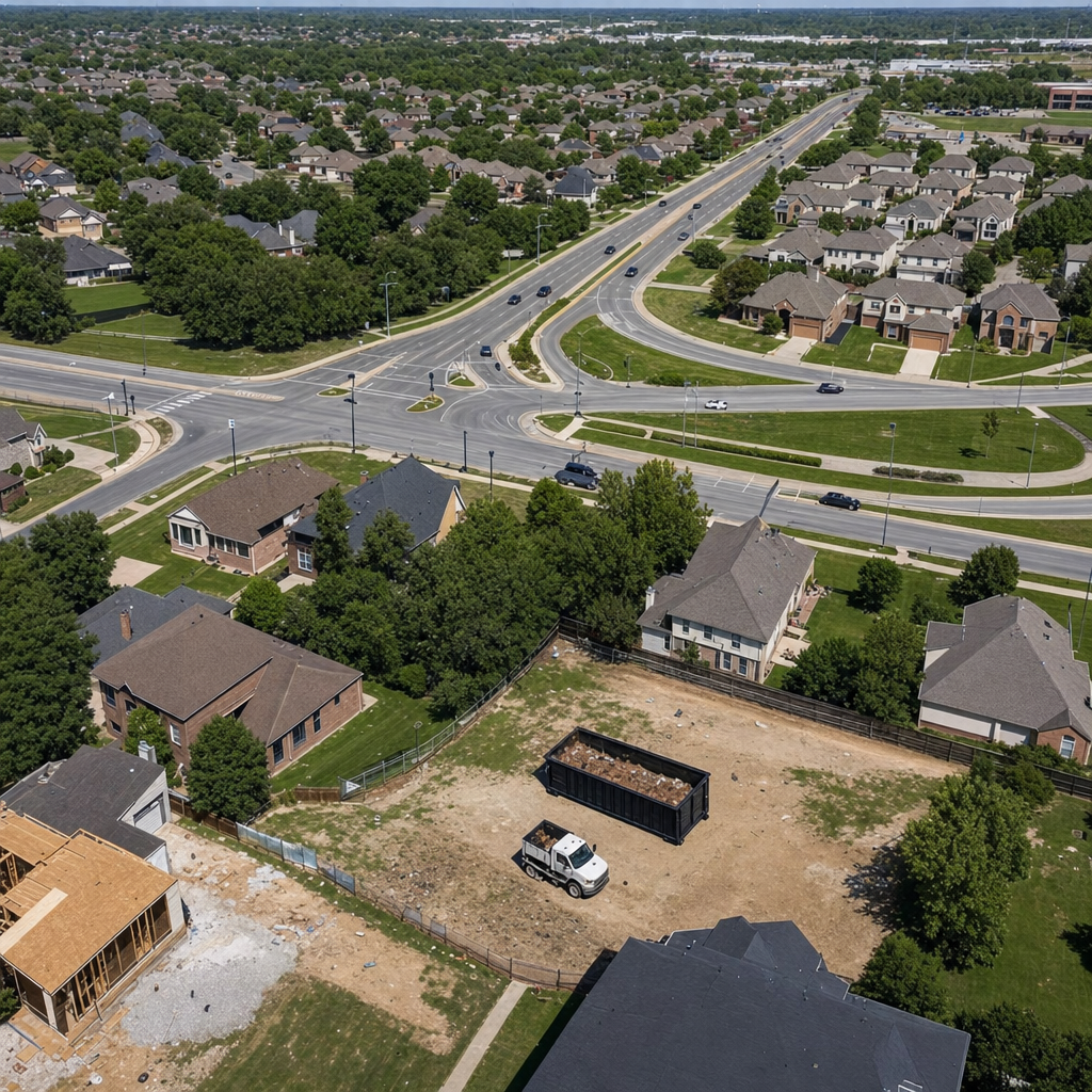An overhead documentary view of the Sheboygan metro area at midday, showing the spread of neighborhoods, arterial roads, and the dispatch radius from a central yard — clean daylight, organized geographic layout.