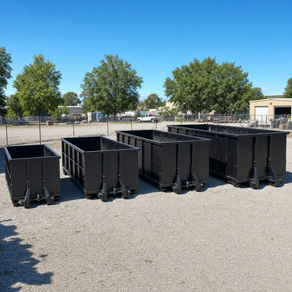A clean lineup of matte-black roll-off dumpsters in 10, 20, 30, and 40-yard sizes staged on a sunlit gravel yard in Sheboygan, showing the size progression from compact to commercial-scale containers.