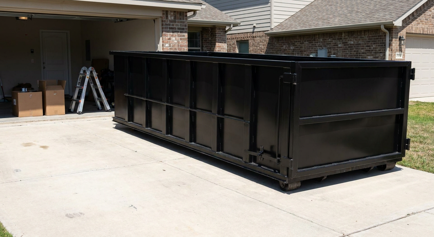 A matte-black 10-yard roll-off dumpster sitting directly on a residential Sheboygan concrete driveway, mid-day sunlight, clean and ready for a garage cleanout.