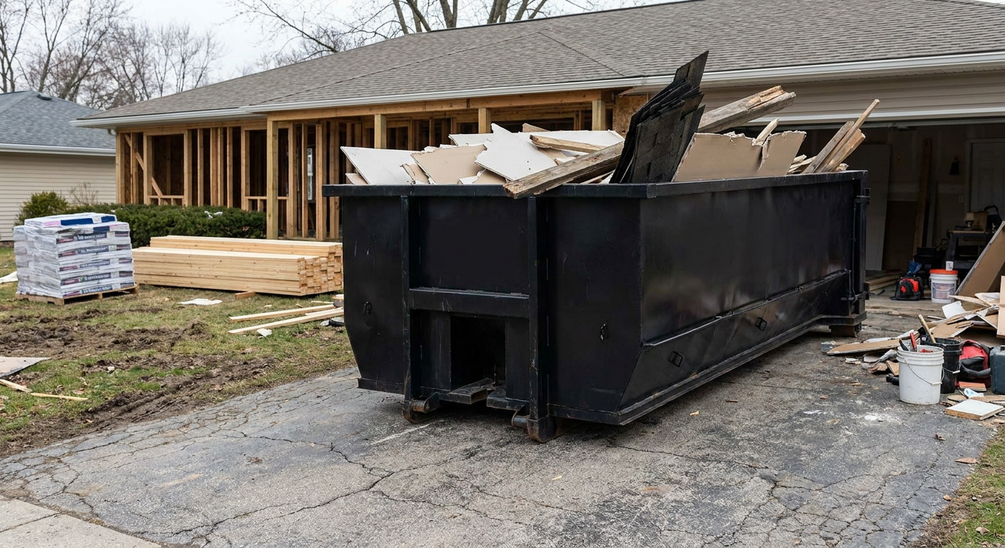 A matte-black 20-yard roll-off dumpster placed alongside a mid-renovation Sheboygan home directly on the asphalt driveway, with framing materials and torn-off shingles staged neatly nearby.