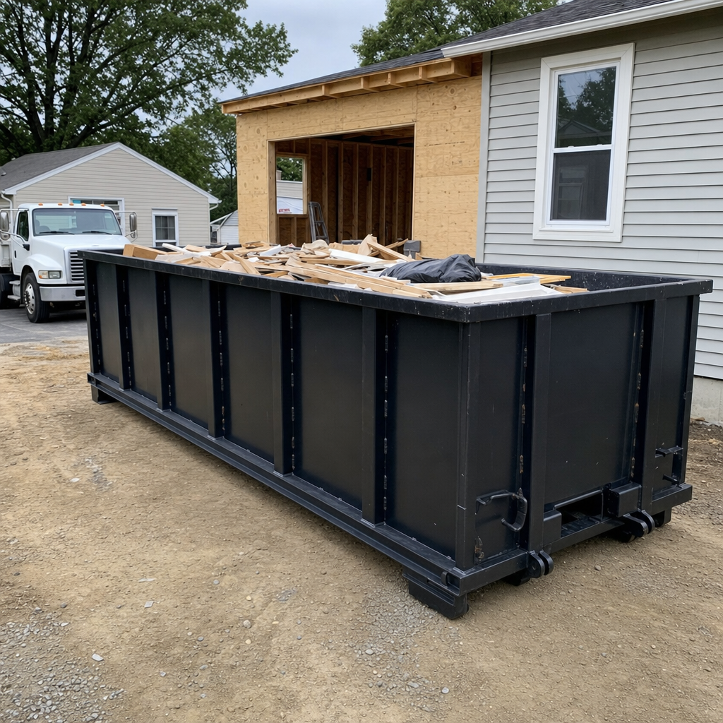 A matte-black 30-yard roll-off dumpster positioned at a Sheboygan residential addition jobsite, with framing lumber and drywall scraps loaded through the open swinging rear doors.