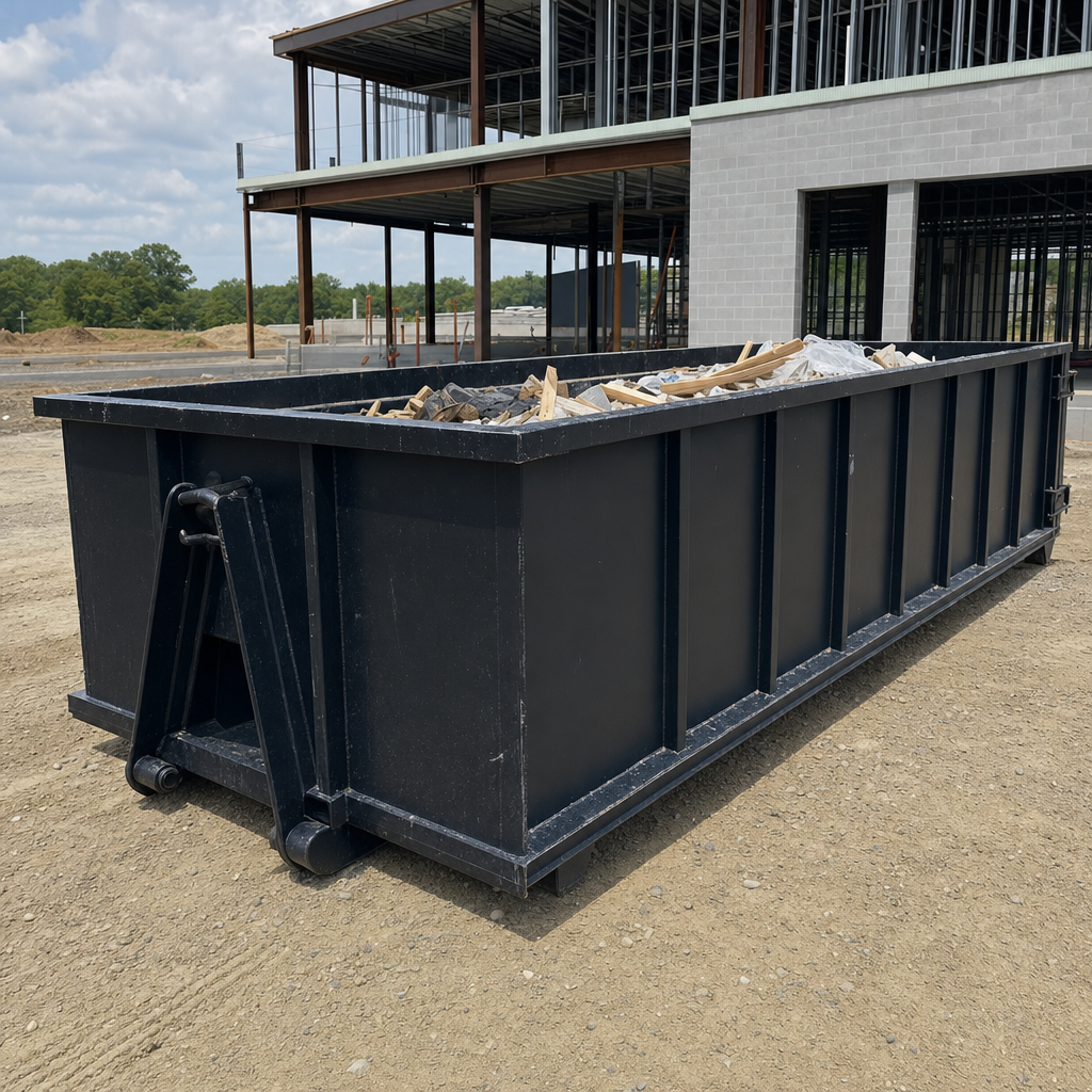 A matte-black 40-yard roll-off dumpster staged on a large Sheboygan commercial construction lot, with a hooklift delivery truck parked alongside under bright midday sky.