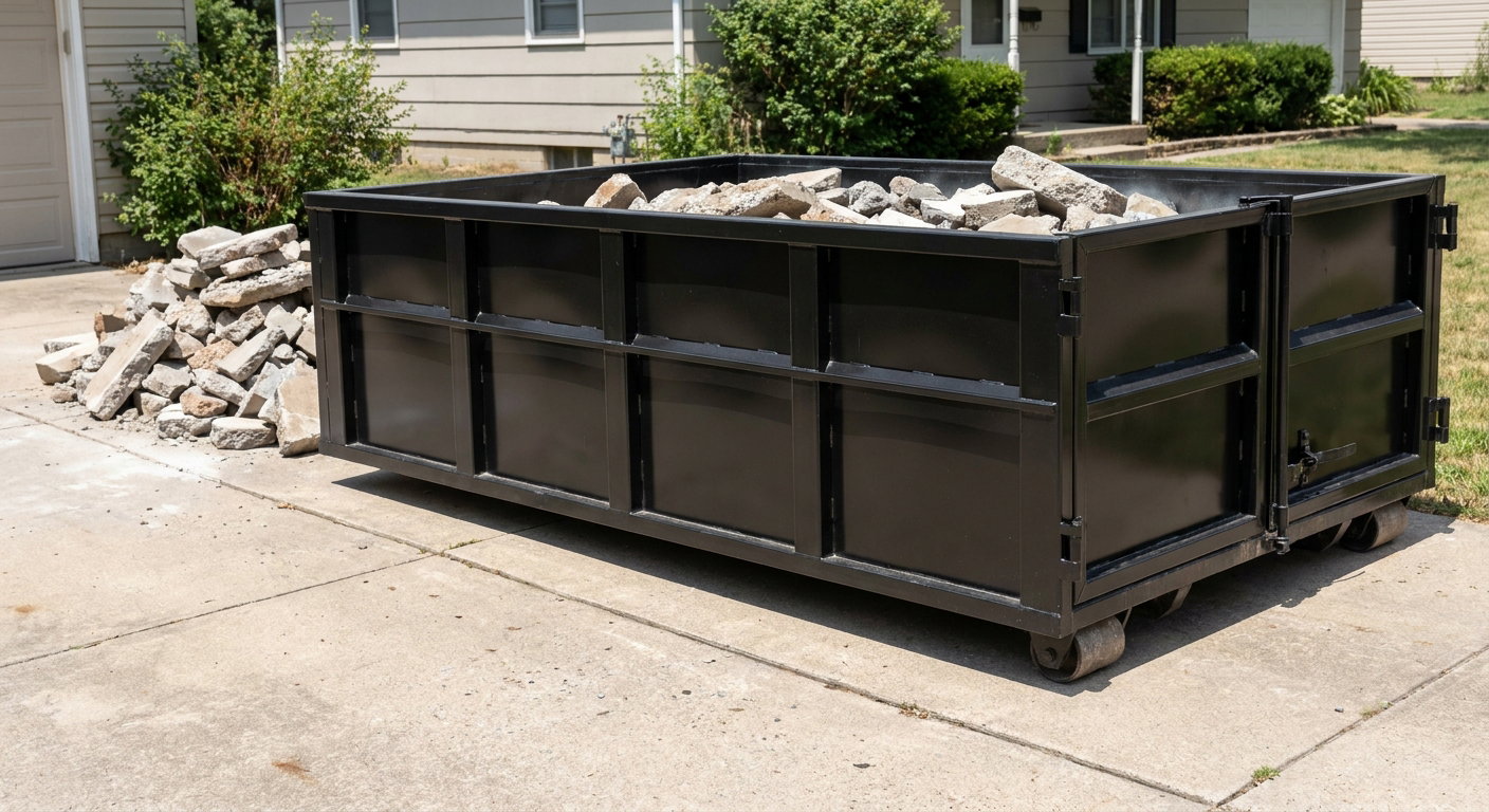 A matte-black low-side heavy-debris roll-off dumpster placed directly on a Sheboygan concrete driveway, with broken concrete chunks neatly stacked beside it under clean daylight.